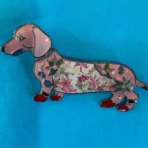 Floral Pink dachshund brooch  so cute but pretty. Floral  enamel paint. Fun